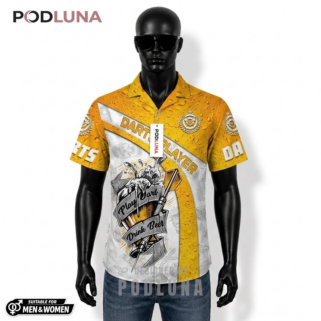 Personalized Beer Hawaiian Shirt Darts Player Yellow Pattern Front