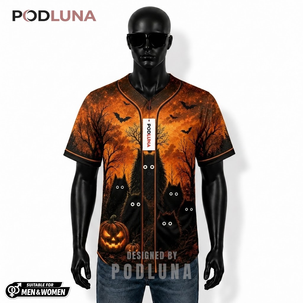 Personalized Black Cat Halloween Baseball Jersey Pumpkin Orange 1