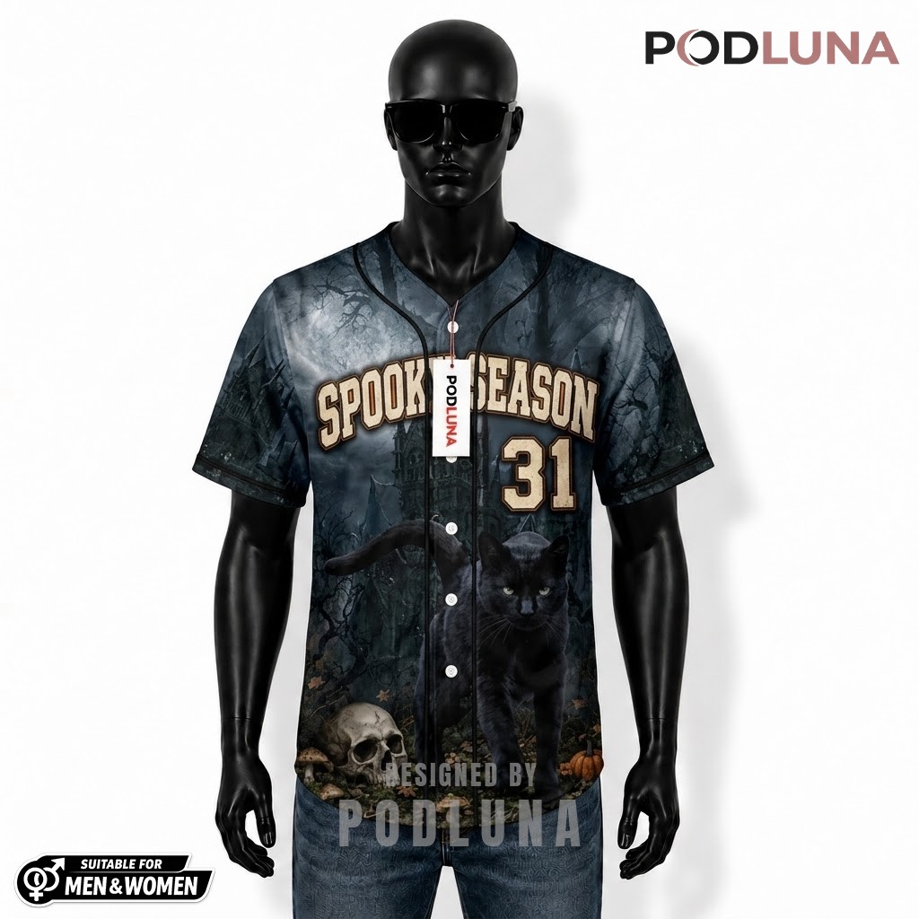 Personalized Black Cat Spooky Season Baseball Jersey Halloween 1
