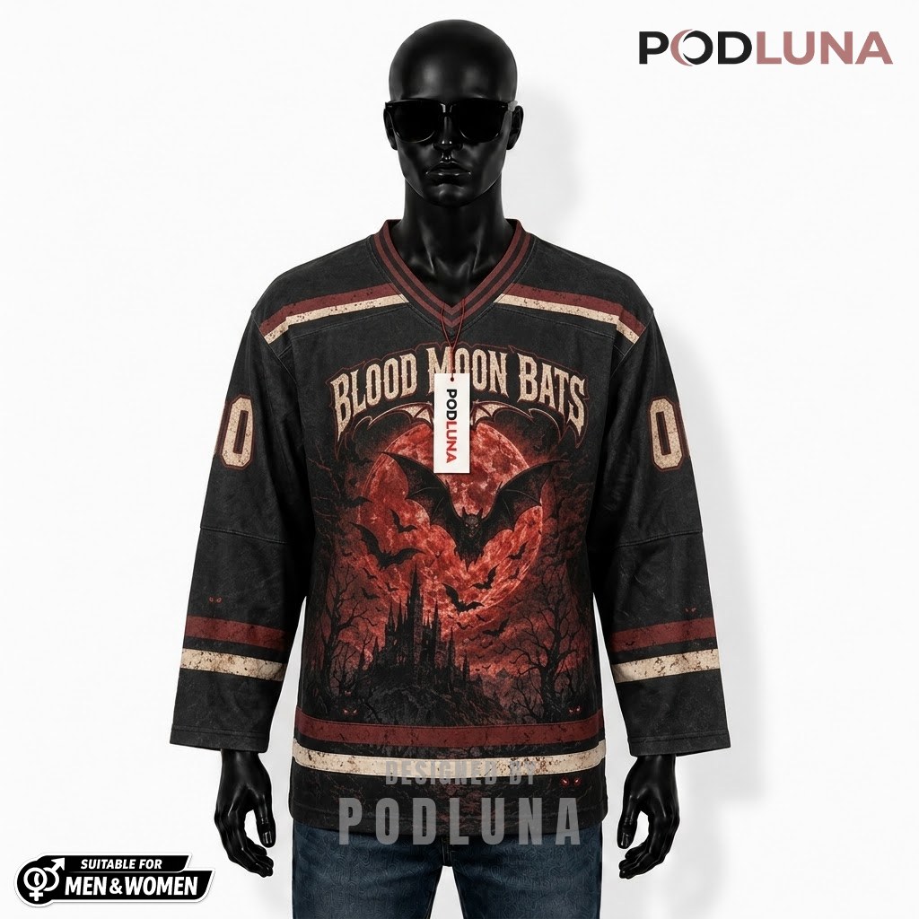 Personalized Blood Moon Bats Halloween Hockey Jersey 1