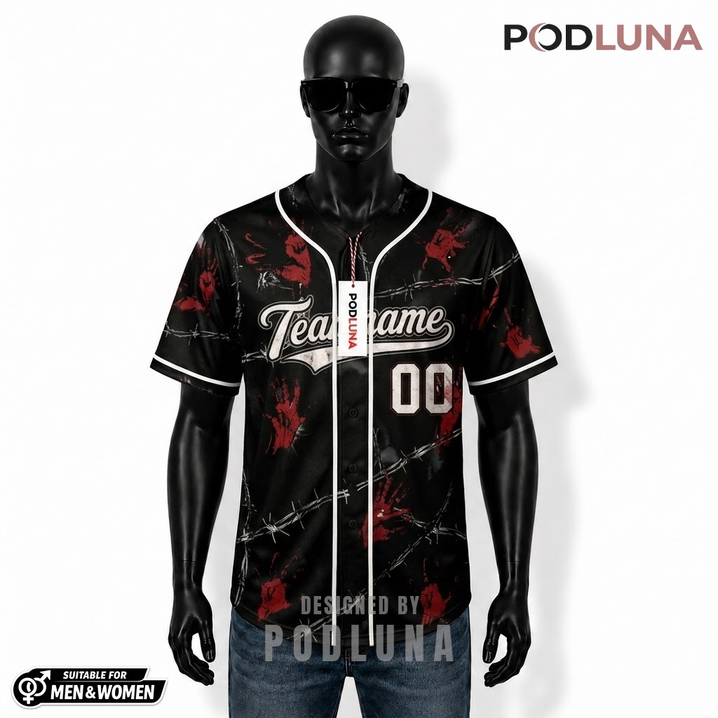 Personalized Bloody Handprint Baseball Jersey Halloween Black 1