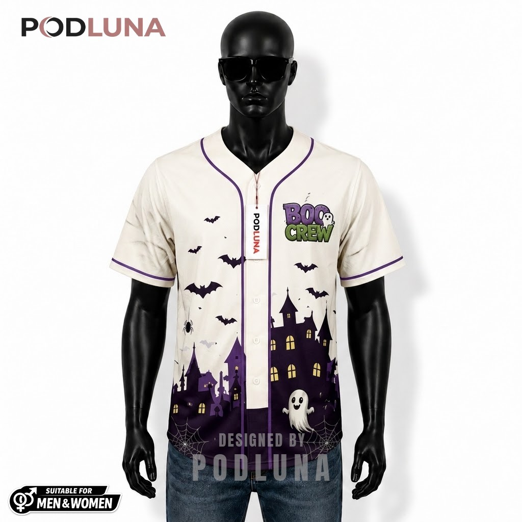 Personalized Boo Crew Halloween Baseball Jersey Ghost White 1