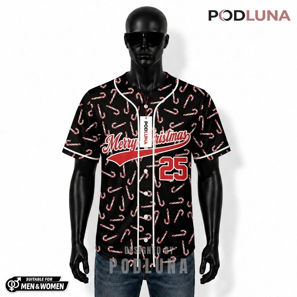 Personalized Candy Cane Christmas Baseball Jersey Black 1