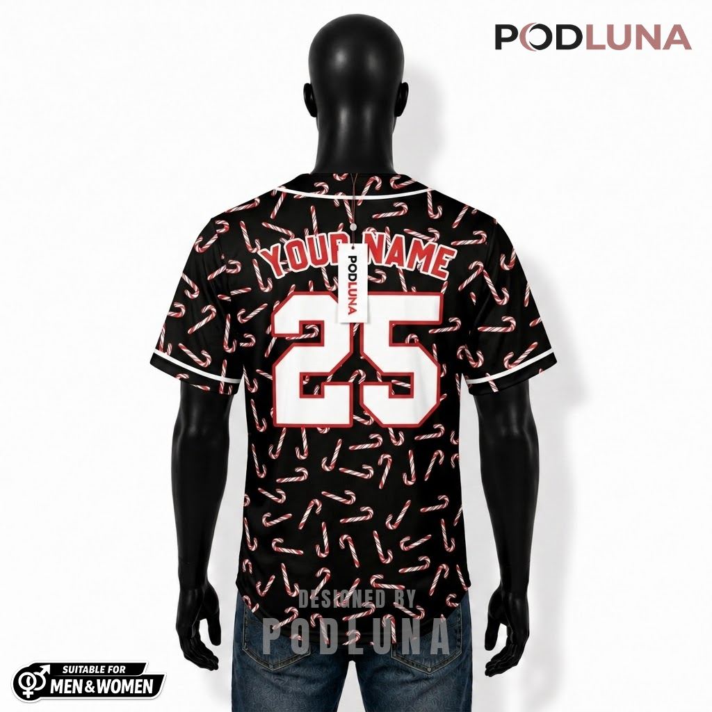 Personalized Candy Cane Christmas Baseball Jersey Black 2 Personalized Candy Cane Christmas Baseball Jersey Black 2