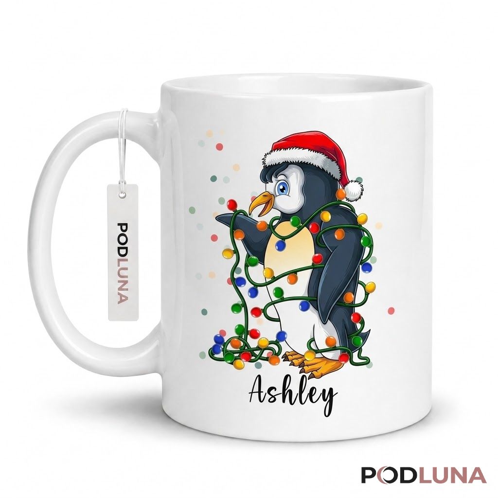 Personalized Christmas Mug Cute Penguin Santa Hat Lights Coffee Cup 1