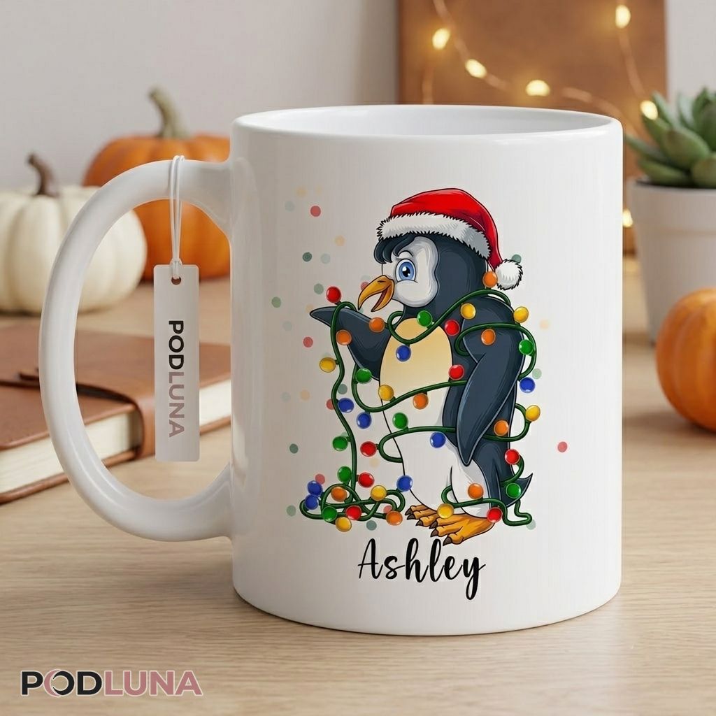 Personalized Christmas Mug Cute Penguin Santa Hat Lights Coffee Cup 2 Personalized Christmas Mug Cute Penguin Santa Hat Lights Coffee Cup 2