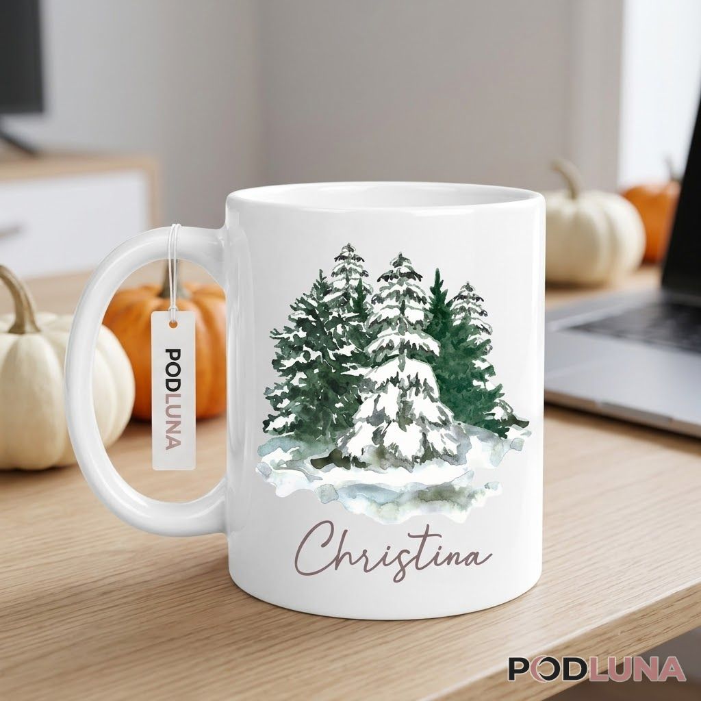 Personalized Christmas Mug Watercolor Pine Tree Forest Coffee Cup 2 Personalized Christmas Mug Watercolor Pine Tree Forest Coffee Cup 2
