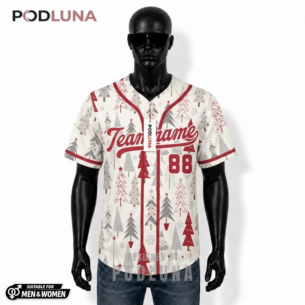 Personalized Christmas Tree Christmas Baseball Jersey White Red 1