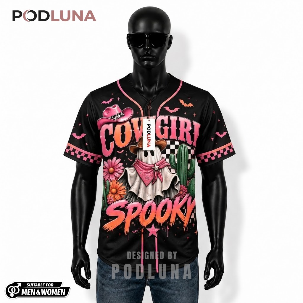 Personalized Cowgirl Ghost Halloween Baseball Jersey Pink Black 1
