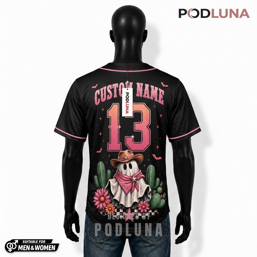 Personalized Cowgirl Ghost Halloween Baseball Jersey Pink Black 2 Personalized Cowgirl Ghost Halloween Baseball Jersey Pink Black 2