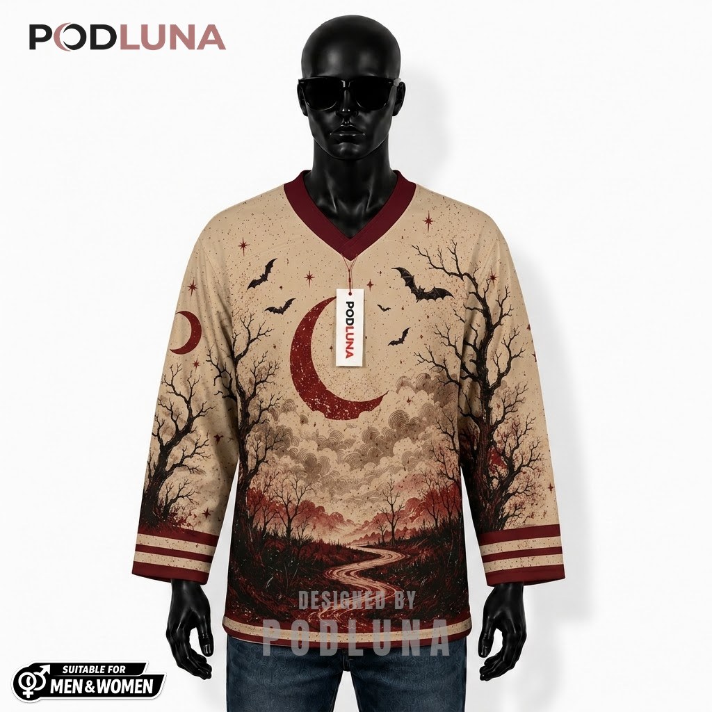 Personalized Crescent Moon Path Halloween Hockey Jersey 1