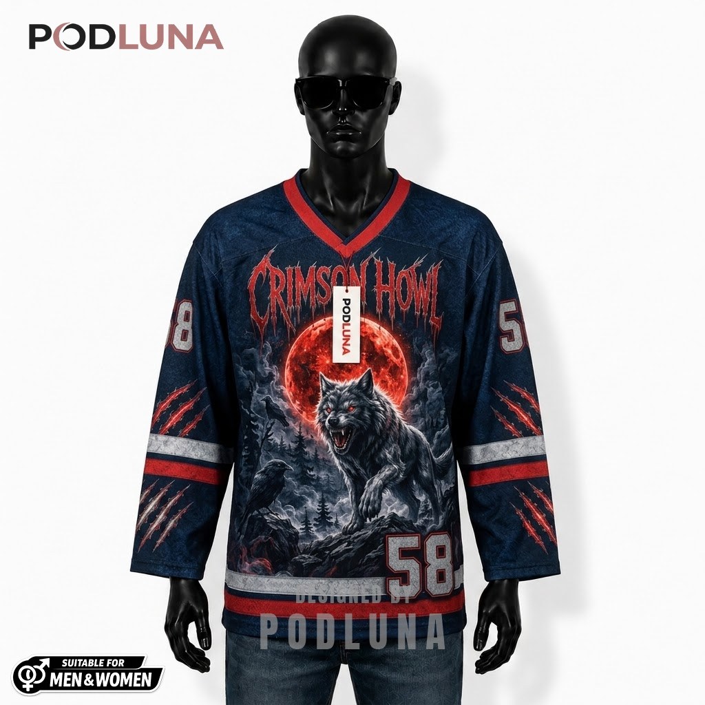 Personalized Crimson Howl Wolf Halloween Hockey Jersey 1