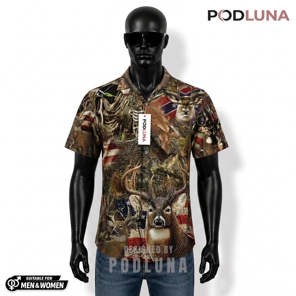 Personalized Deer Hunting Hawaiian Shirt Bow Flag Camo Front