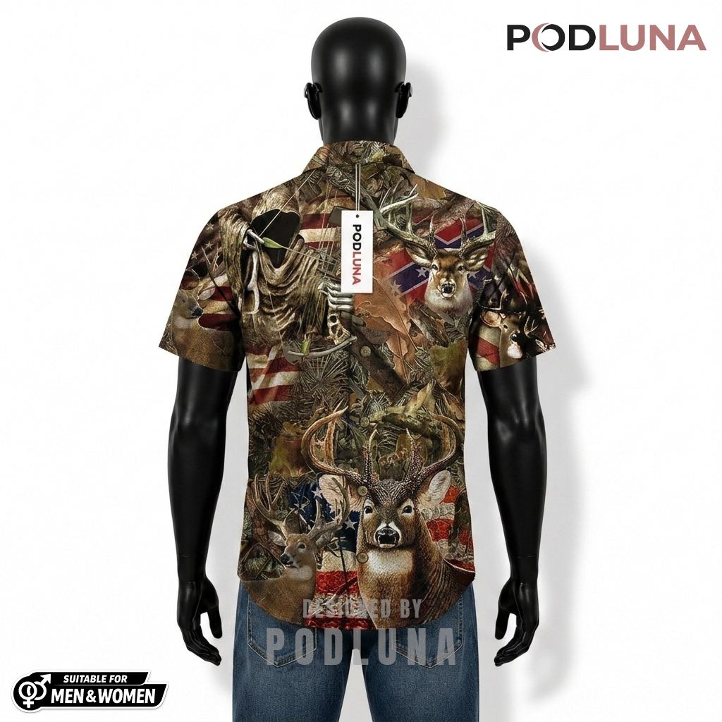 Personalized Deer Hunting Hawaiian Shirt Bow Flag Camo Back Personalized Deer Hunting Hawaiian Shirt Bow Flag Camo Back