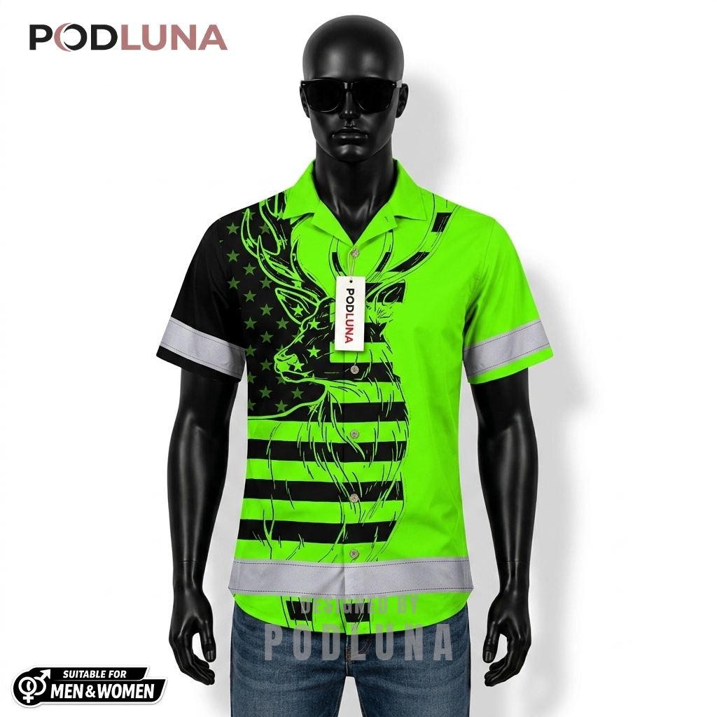 Personalized Deer Hunting Hawaiian Shirt Neon Safety Stripe Front