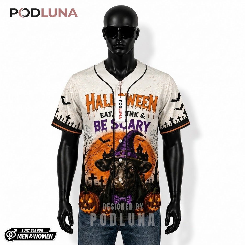 Personalized Eat Drink Be Scary Halloween Baseball Jersey Cow 1