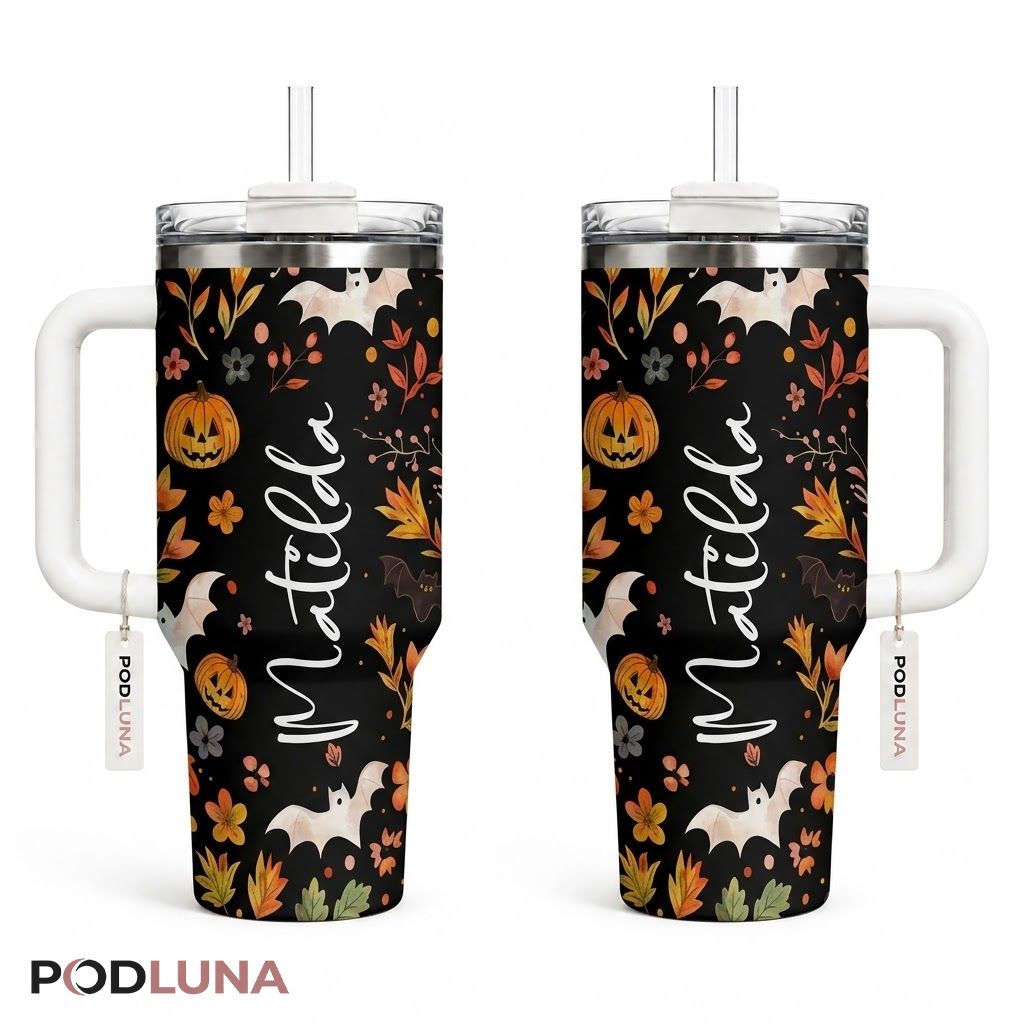 Personalized Floral Halloween Tumbler 40oz Pumpkin Bat Autumn Design