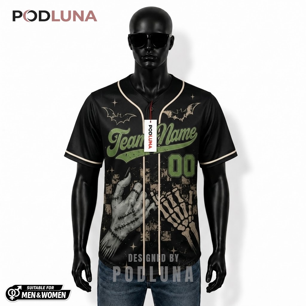Personalized Frankenstein Skeleton Halloween Baseball Jersey Checkered 1