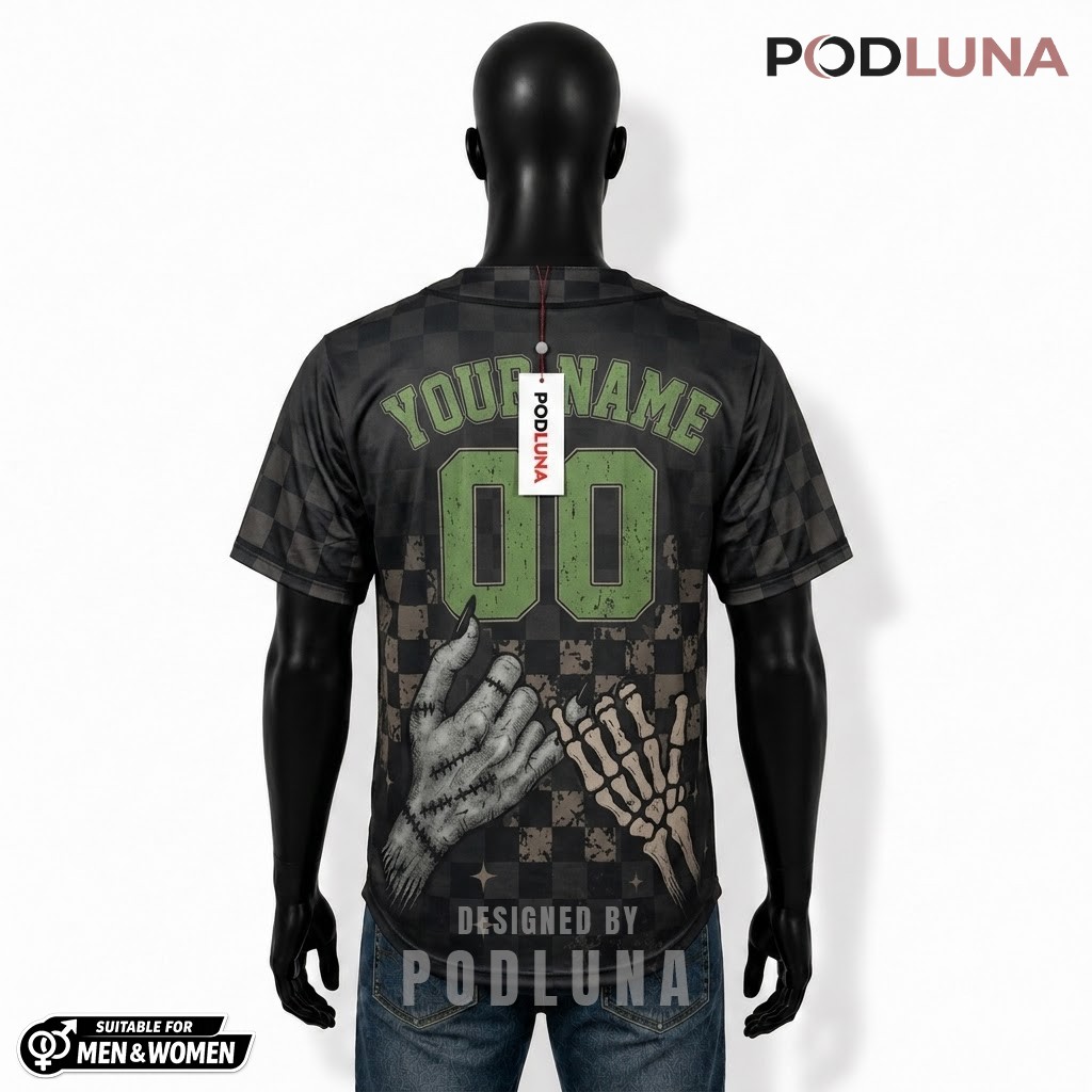 Personalized Frankenstein Skeleton Halloween Baseball Jersey Checkered 2 Personalized Frankenstein Skeleton Halloween Baseball Jersey Checkered 2