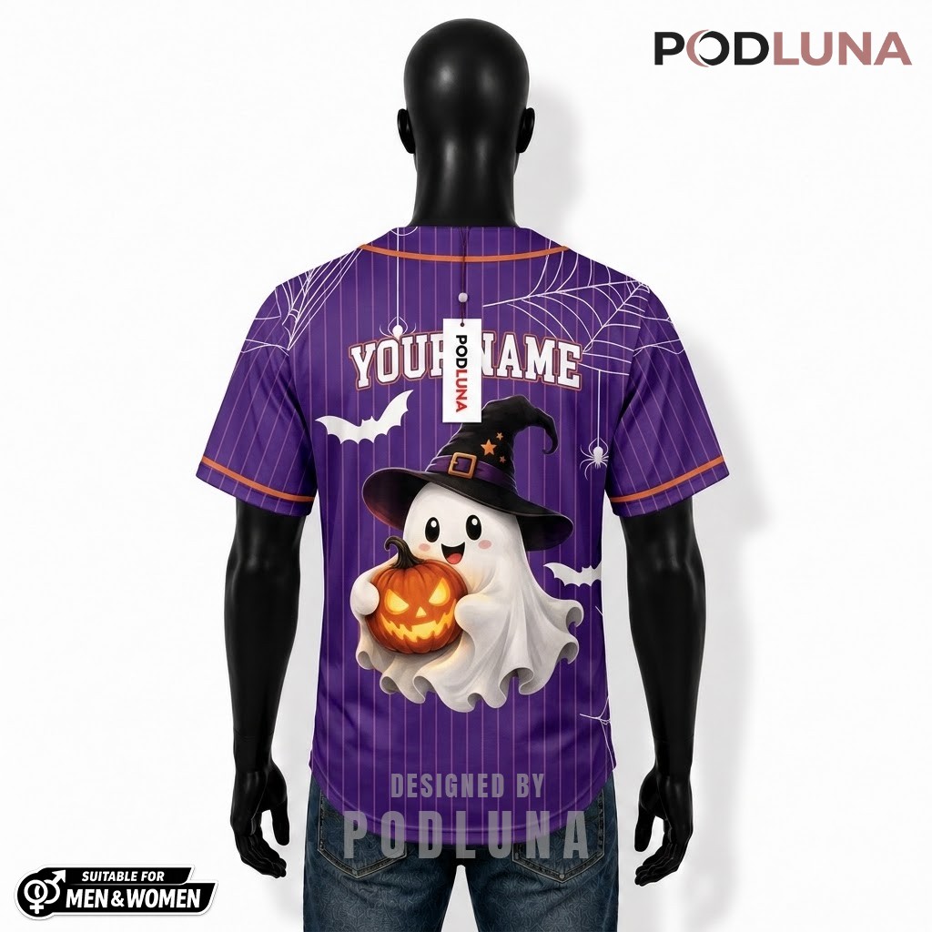 Personalized Ghost Halloween Baseball Jersey Witch Hat Purple 2 Personalized Ghost Halloween Baseball Jersey Witch Hat Purple 2