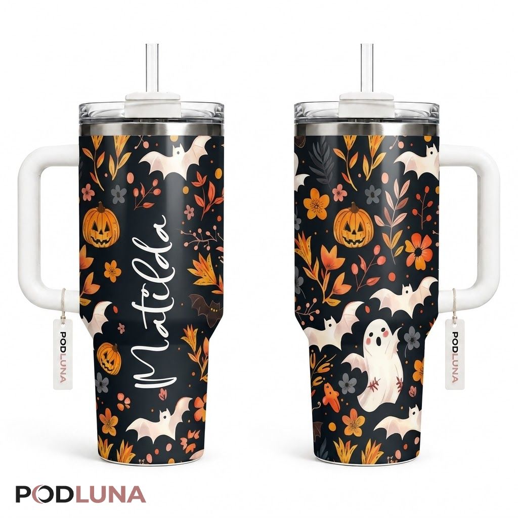 Personalized Ghost Halloween Tumbler 40oz Pumpkin Floral Bat Design