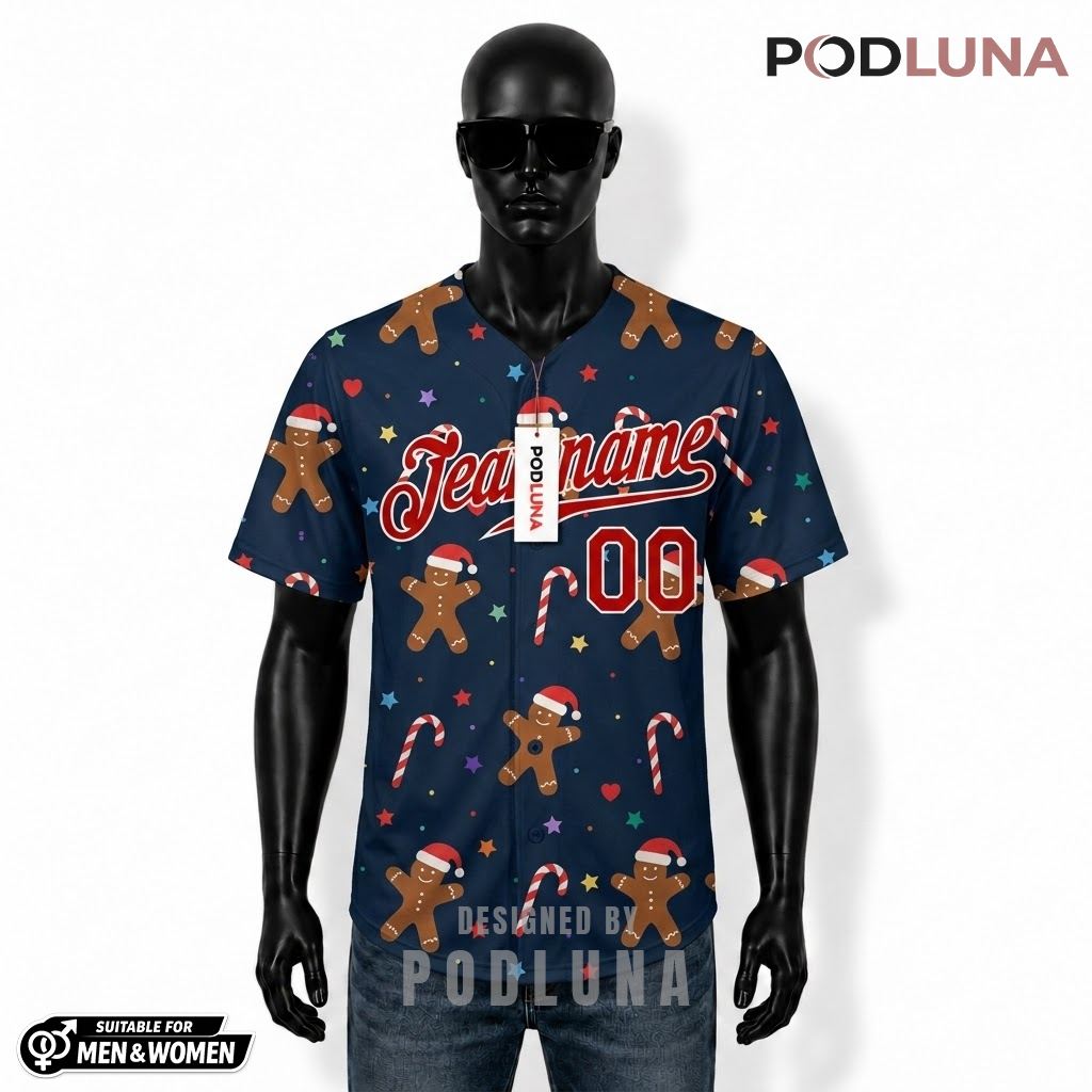 Personalized Gingerbread Man Christmas Baseball Jersey Navy 1