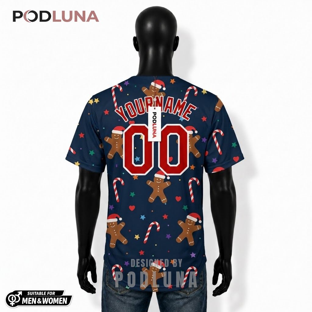 Personalized Gingerbread Man Christmas Baseball Jersey Navy 2 Personalized Gingerbread Man Christmas Baseball Jersey Navy 2