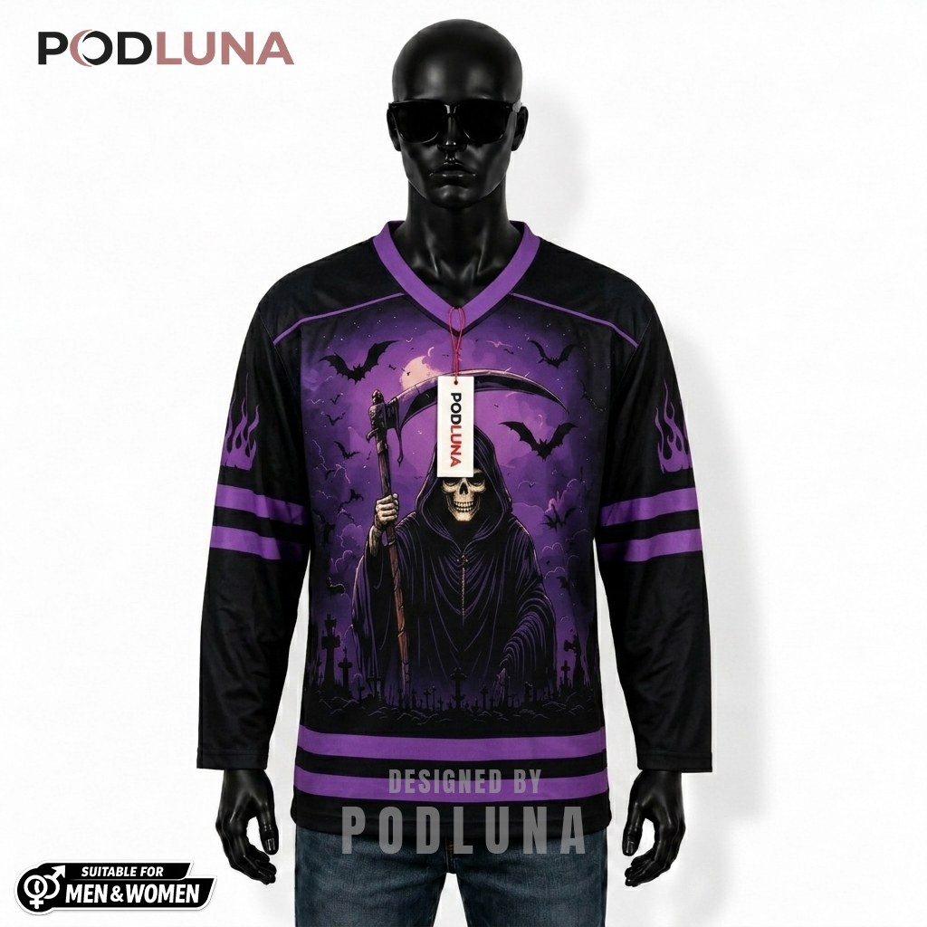 Personalized Grim Reaper Halloween Hockey Jersey 1