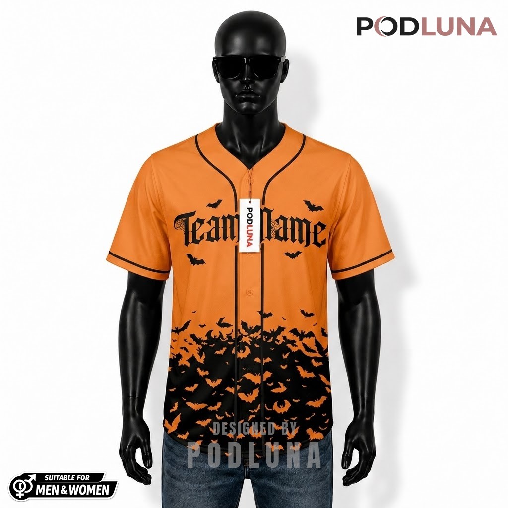 Personalized Halloween Baseball Jersey Bat Swarm Orange Black 1