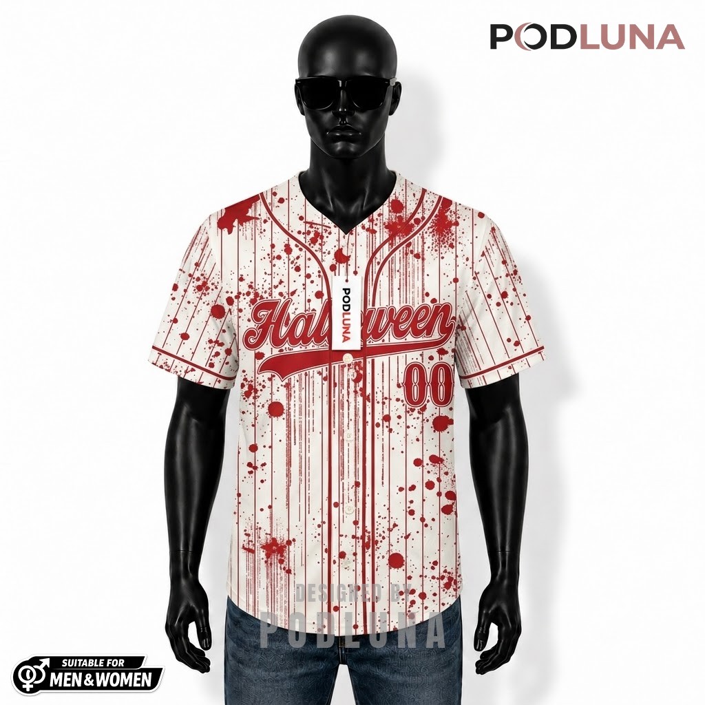 Personalized Halloween Baseball Jersey Blood Splatter White 1