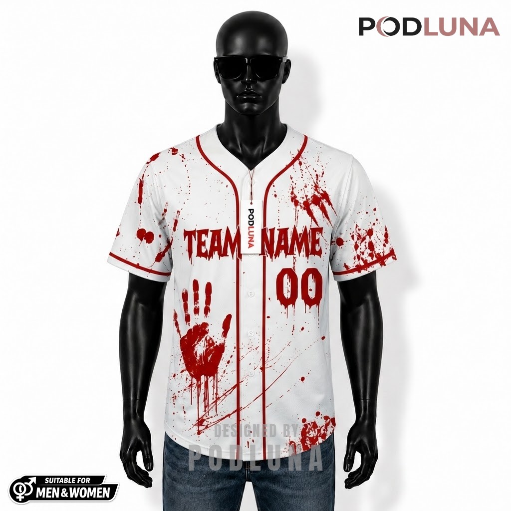 Personalized Halloween Baseball Jersey Bloody Handprint White Red 1