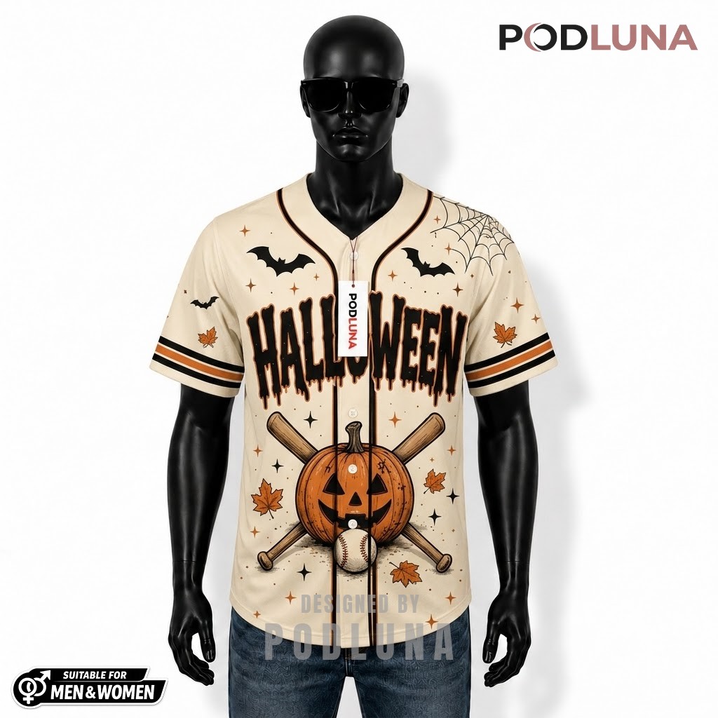 Personalized Halloween Baseball Jersey Ghost Pumpkin Cream 1