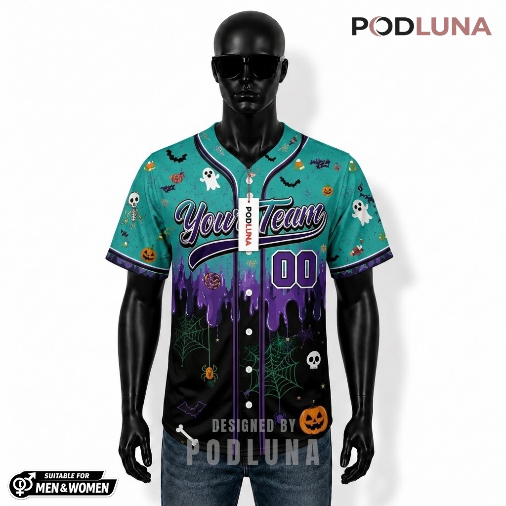 Personalized Halloween Baseball Jersey Ghost Skull Teal Purple 1