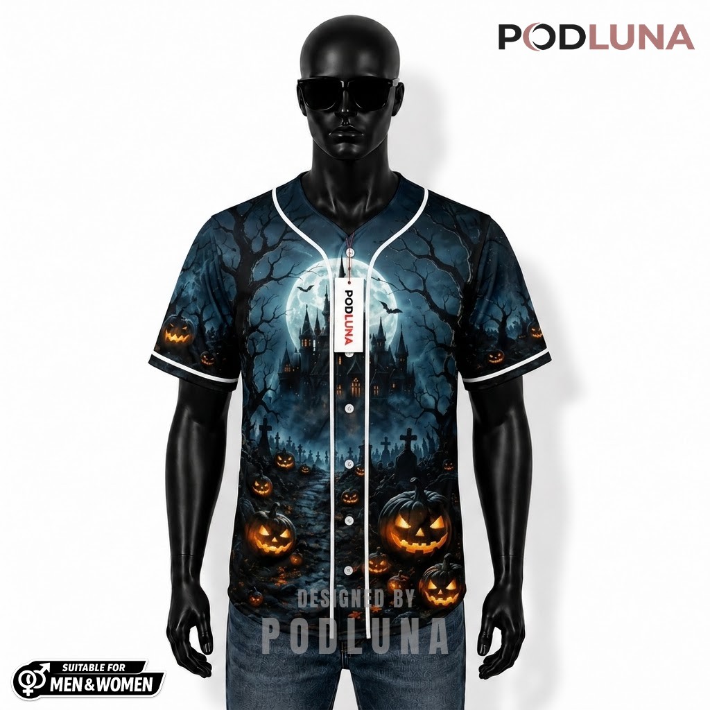 Personalized Halloween Baseball Jersey Haunted Castle Pumpkin Blue 1