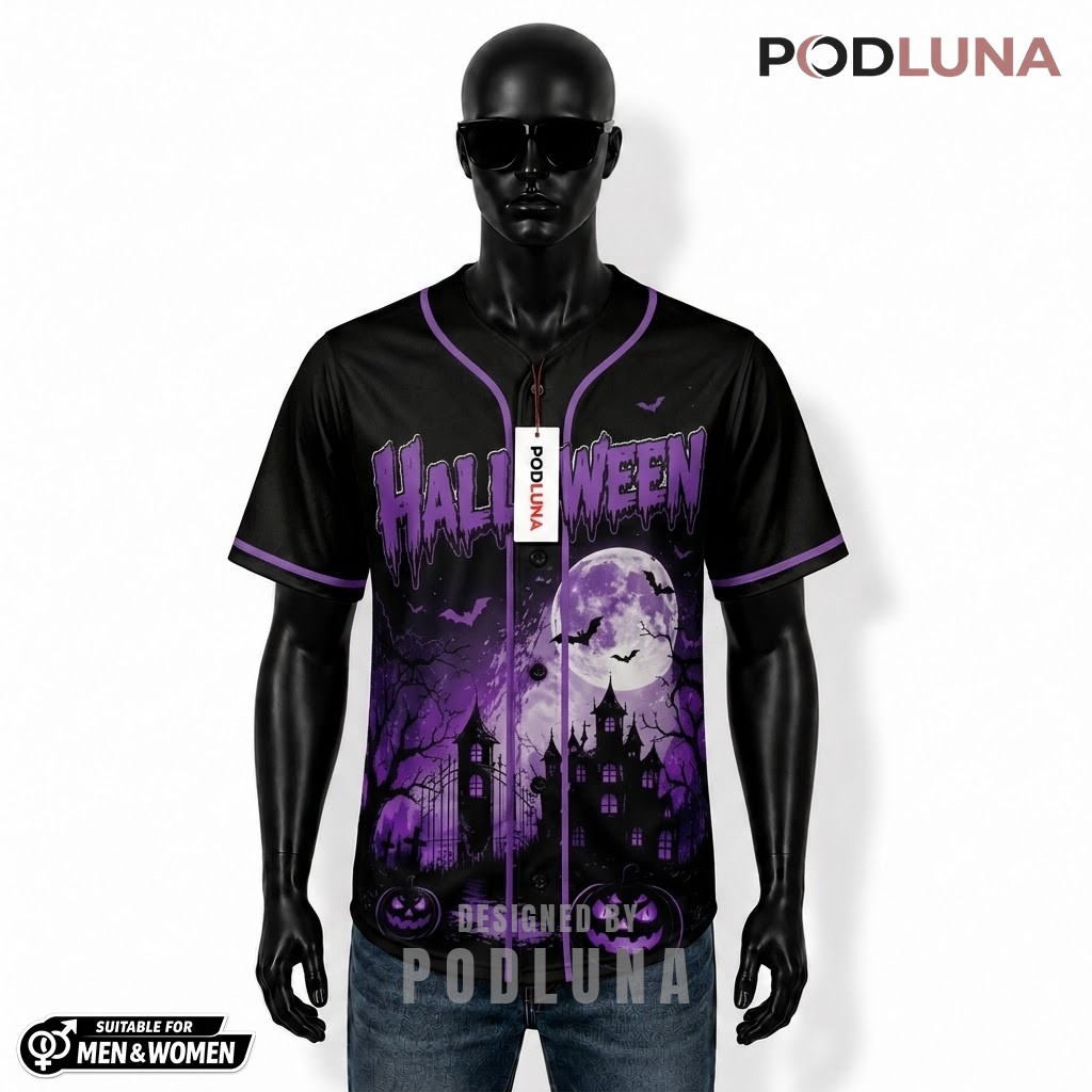 Personalized Halloween Baseball Jersey Haunted House Purple 1