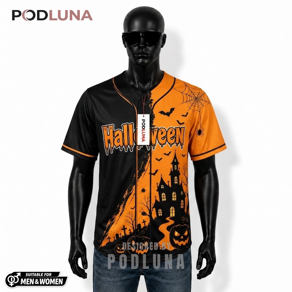 Personalized Halloween Baseball Jersey Haunted House Two Tone 1