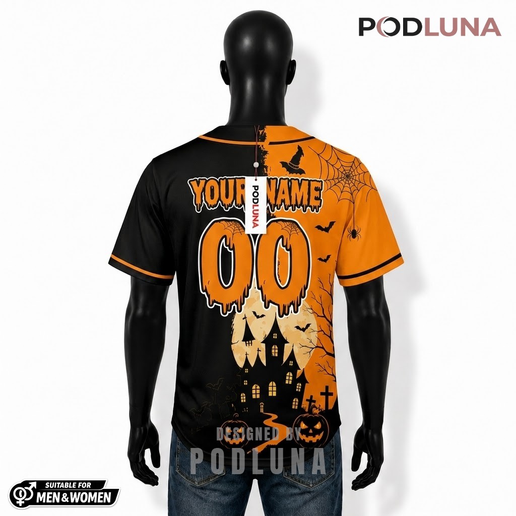 Personalized Halloween Baseball Jersey Haunted House Two Tone 2 Personalized Halloween Baseball Jersey Haunted House Two Tone 2