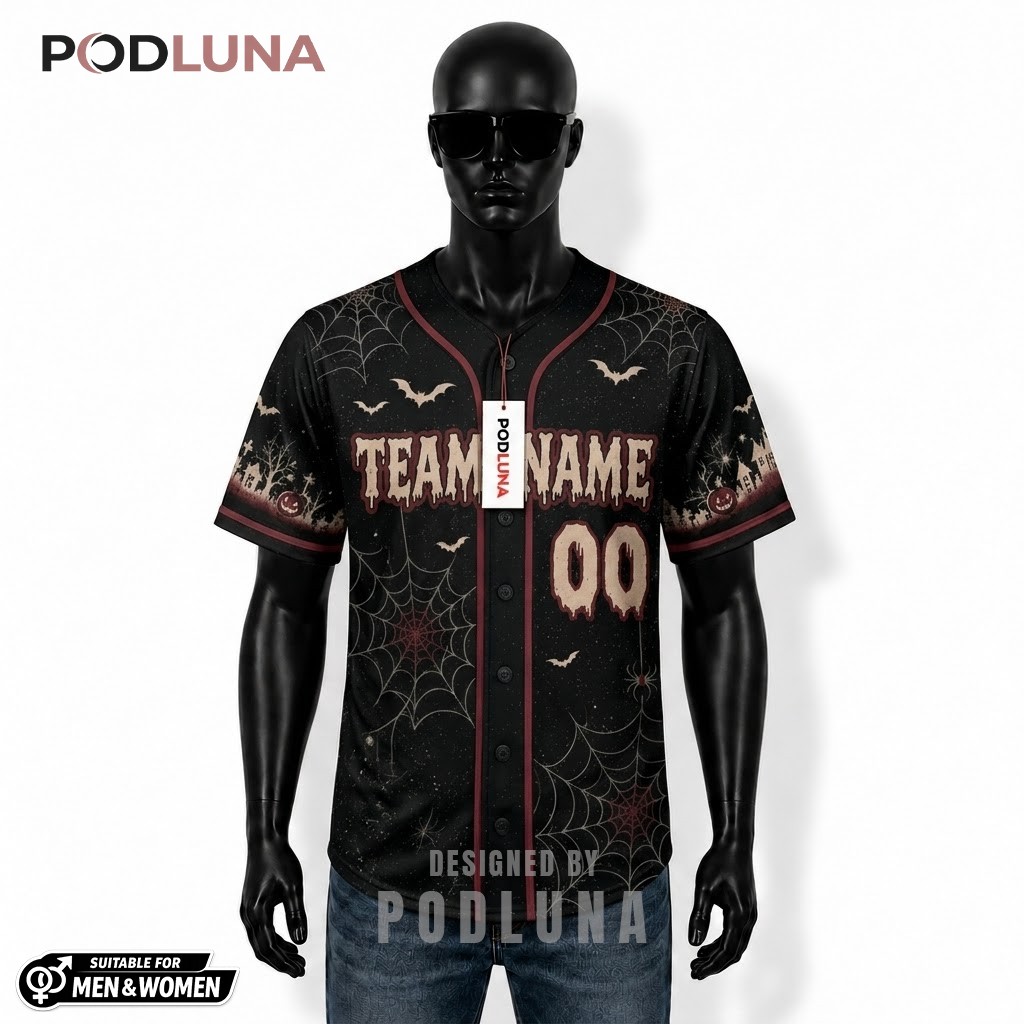 Personalized Halloween Baseball Jersey Kids Spider Web Black 1