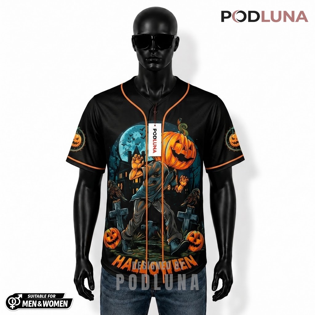 Personalized Halloween Baseball Jersey Pumpkin Head Graveyard 1