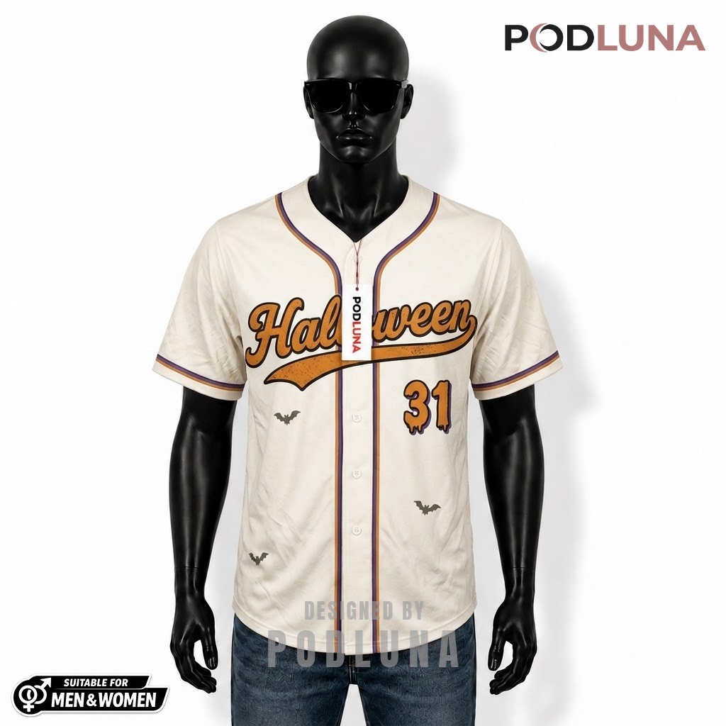 Personalized Halloween Baseball Jersey Pumpkin Witch Hat Cream 1