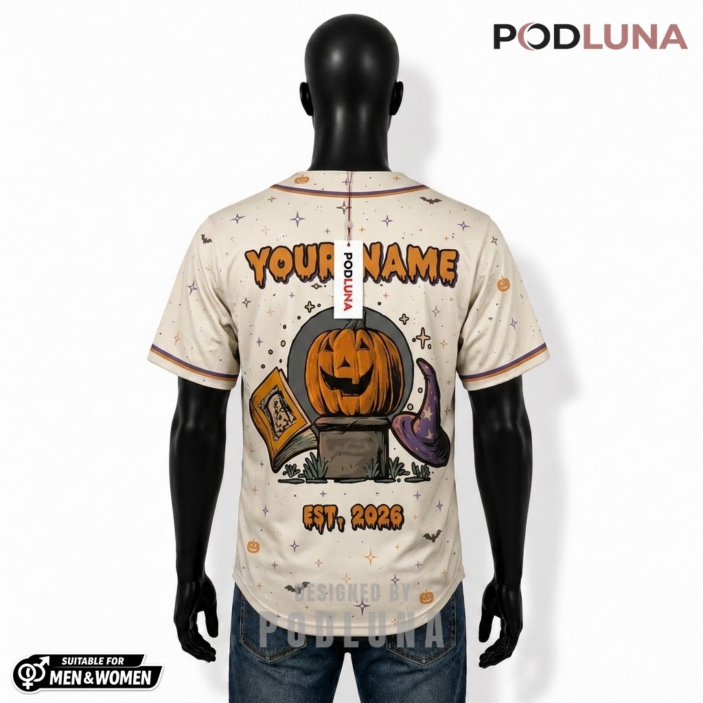 Personalized Halloween Baseball Jersey Pumpkin Witch Hat Cream 2 Personalized Halloween Baseball Jersey Pumpkin Witch Hat Cream 2