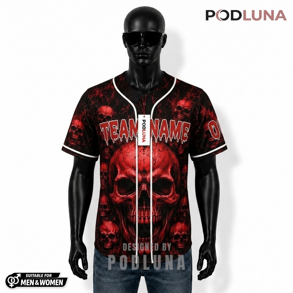 Personalized Halloween Baseball Jersey Red Skull Black 1