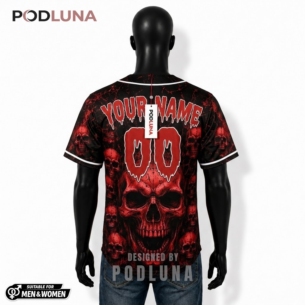 Personalized Halloween Baseball Jersey Red Skull Black 2 Personalized Halloween Baseball Jersey Red Skull Black 2