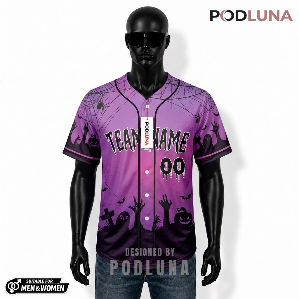 Personalized Halloween Baseball Jersey Rising Hand Graveyard Purple 1