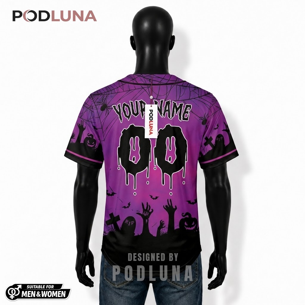 Personalized Halloween Baseball Jersey Rising Hand Graveyard Purple 2 Personalized Halloween Baseball Jersey Rising Hand Graveyard Purple 2
