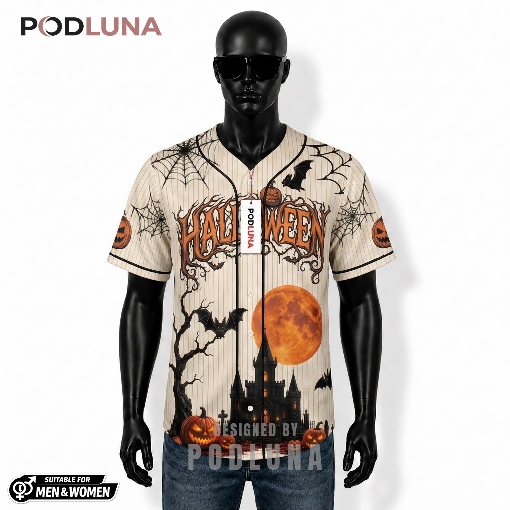 Personalized Halloween Baseball Jersey Scarecrow Graveyard Cream 1