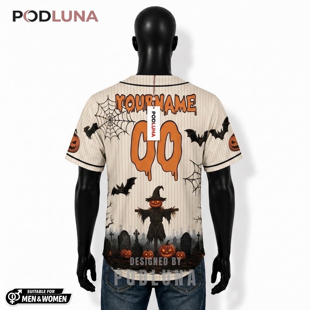 Personalized Halloween Baseball Jersey Scarecrow Graveyard Cream 2 Personalized Halloween Baseball Jersey Scarecrow Graveyard Cream 2