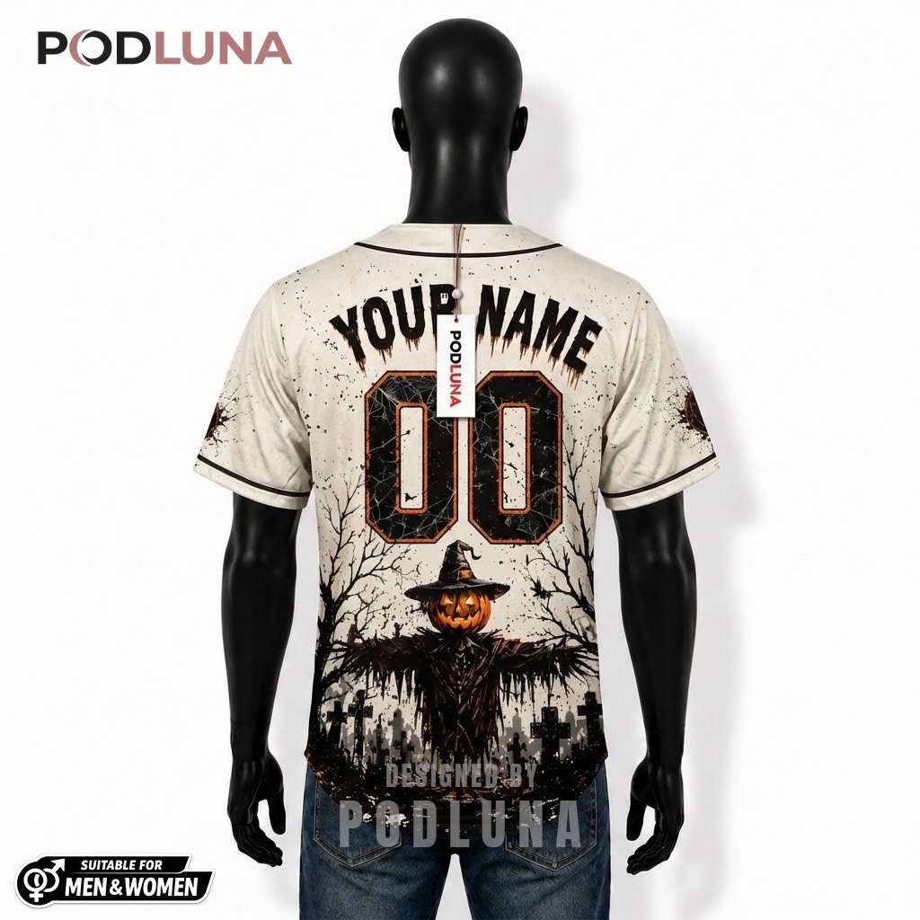 Personalized Halloween Baseball Jersey Scarecrow Pumpkin White 2 Personalized Halloween Baseball Jersey Scarecrow Pumpkin White 2