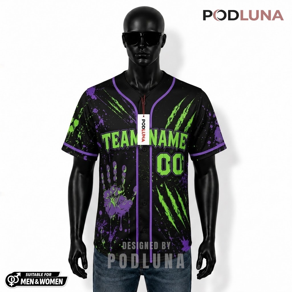 Personalized Halloween Baseball Jersey Skull Claw Green Purple 1