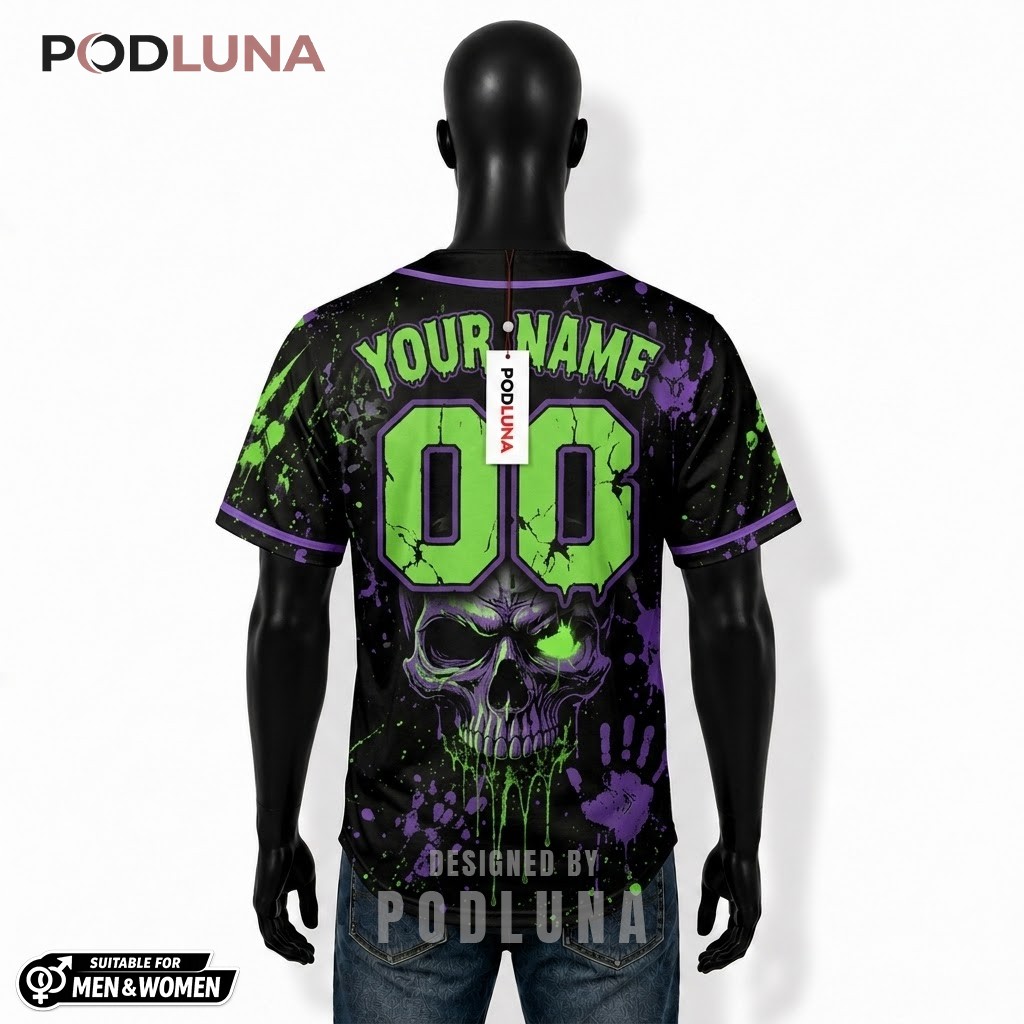 Personalized Halloween Baseball Jersey Skull Claw Green Purple 2 Personalized Halloween Baseball Jersey Skull Claw Green Purple 2